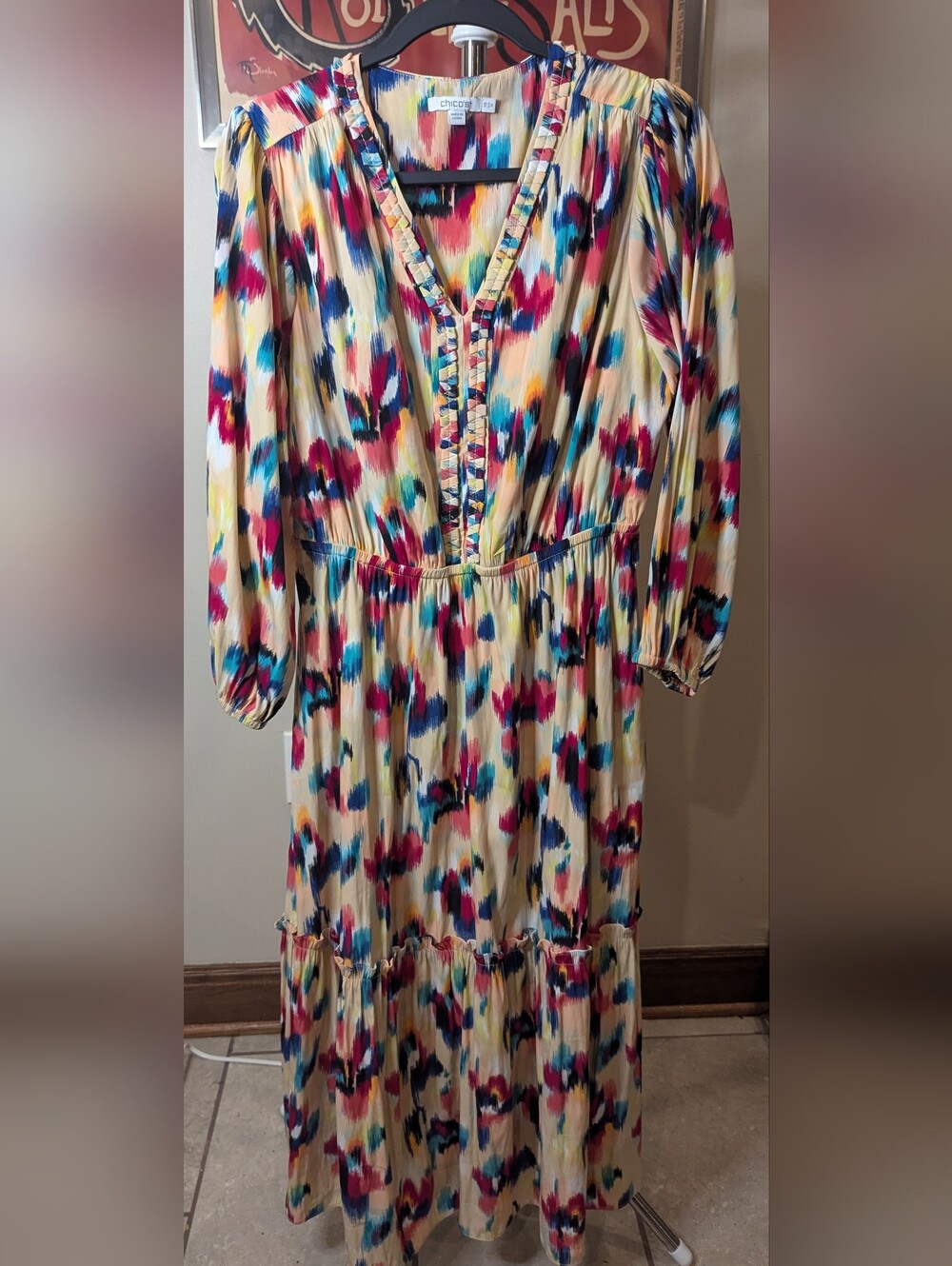 $40 Chico's Size 1.5 / US 10 - Braid Detail Ikat Maxi Dress Vibrant Multi Color